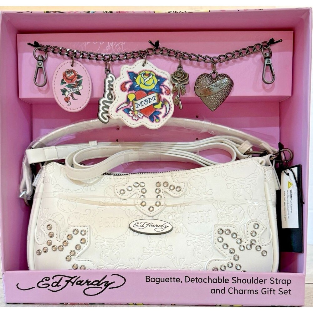 Ed Hardy Studded Hobo Shoulder Bag Hearts Mom Charms Gift Set New Y2K White
